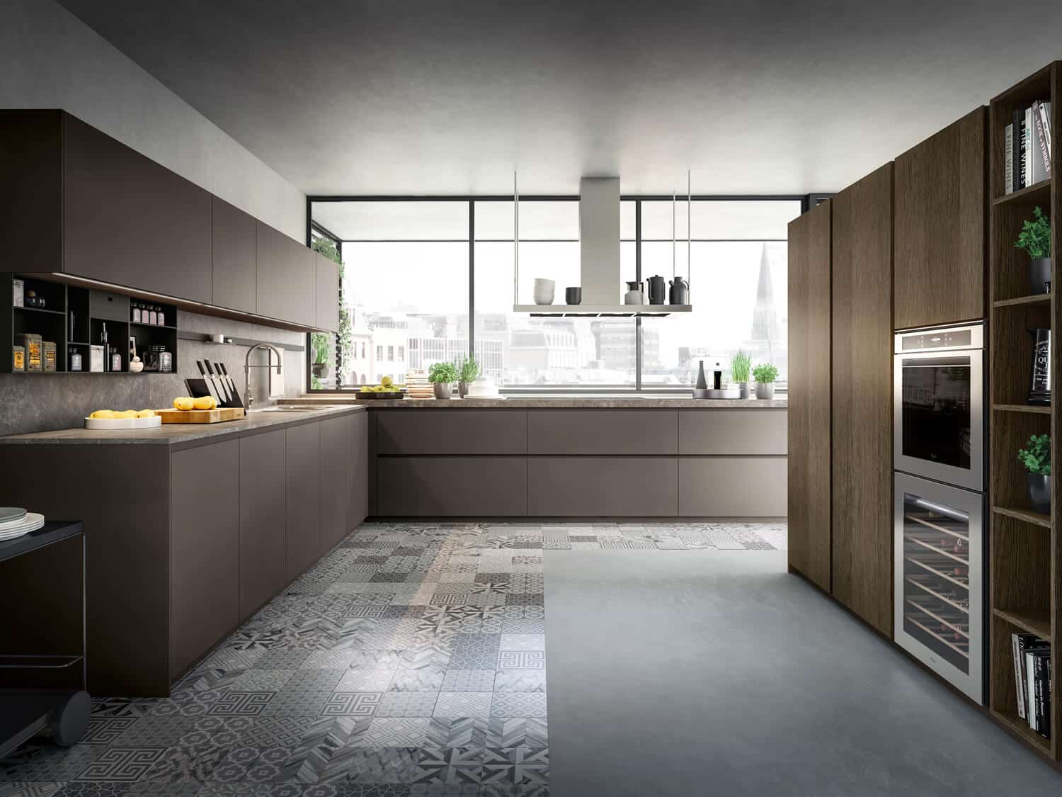 Gray matte lacquer kitchen in corner layout with pantry in Coffee color wood.