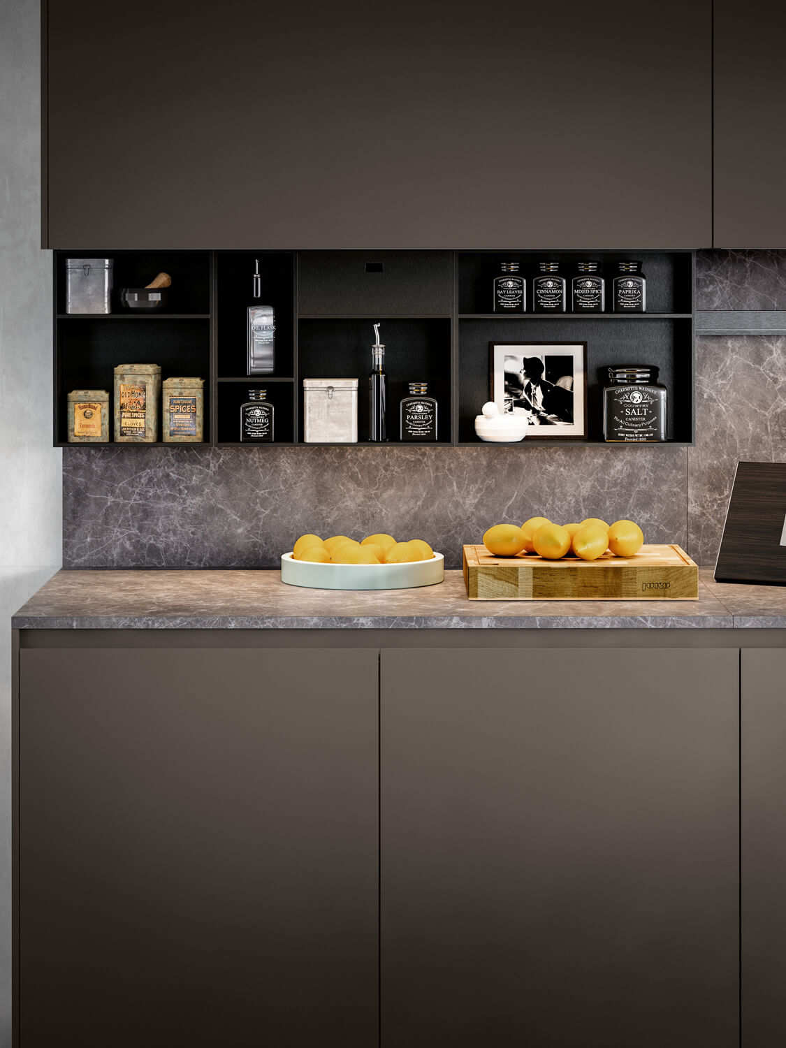 Modular, essential, and functional, the Modus storage system enriches the kitchen wall. Open and closed elements can be arranged freely. 