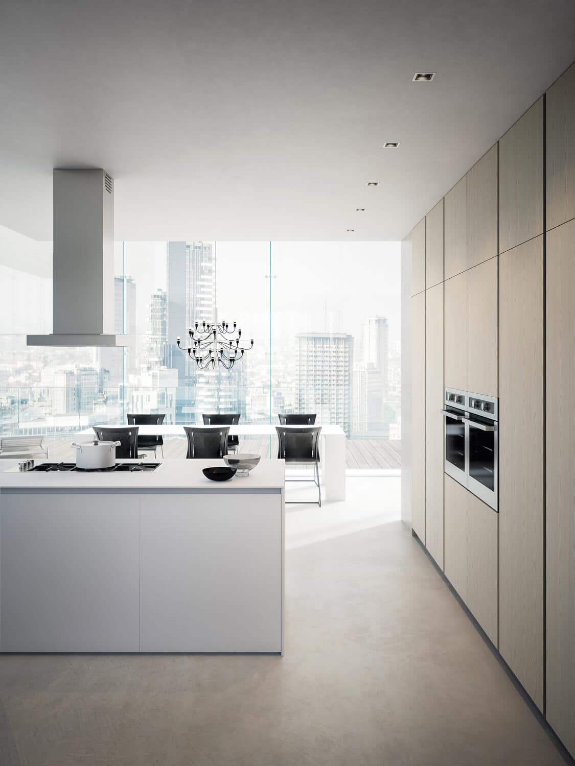 Island in Neve matte lacquer. The integrated channel in White painted aluminum creates a visual continuum with the cabinets. Tall units in Tiglio melamine.