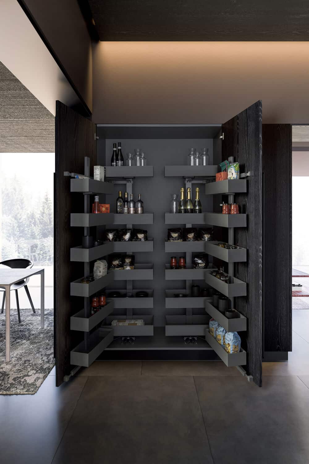 Pantry unit with double extractable mechanism in aluminum, equipped with storage baskets.