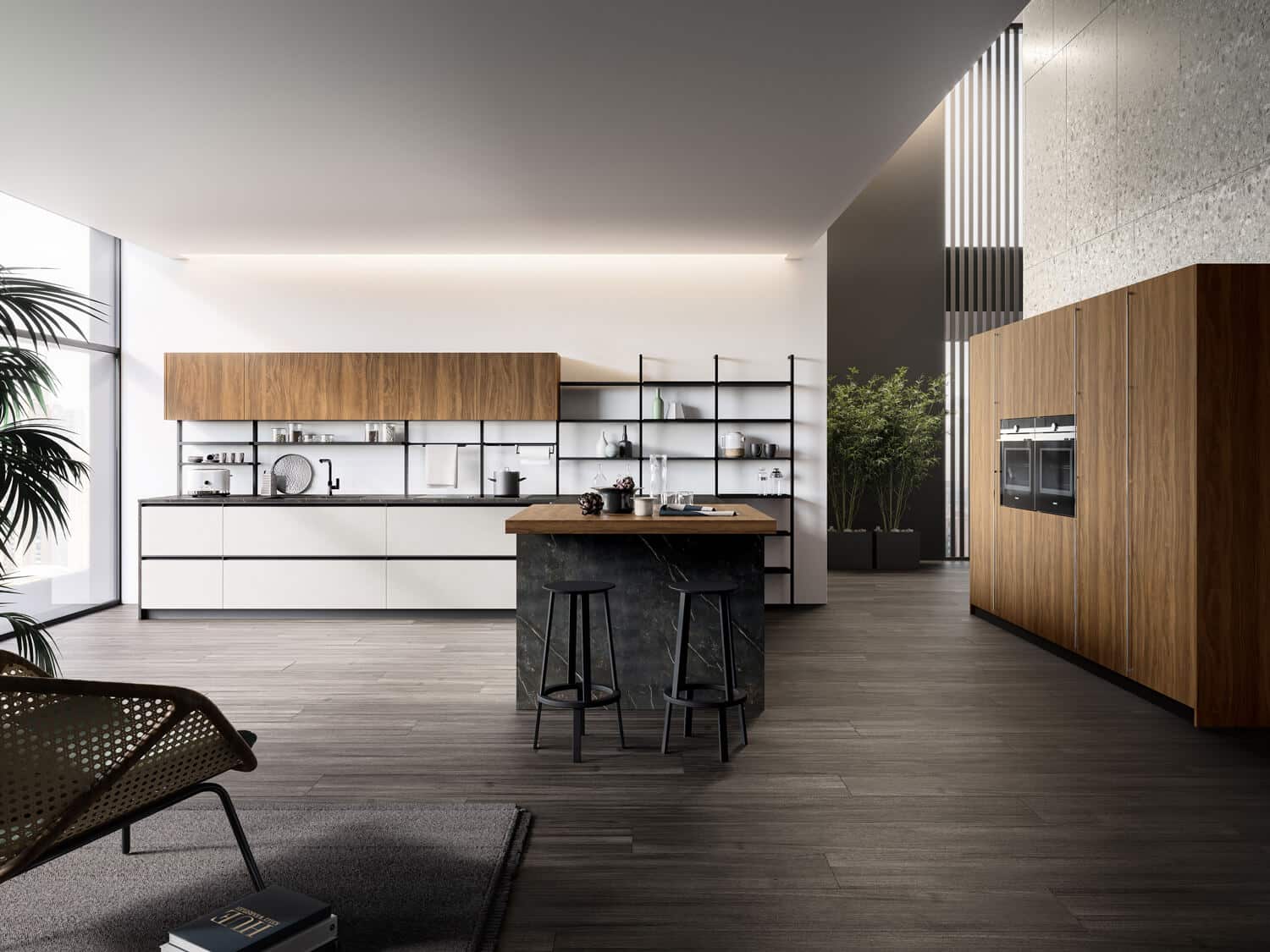 Rho modern kitchen design in Light cement (base and island cabinets) and textured wood melamine (upper cabinets and tall units).