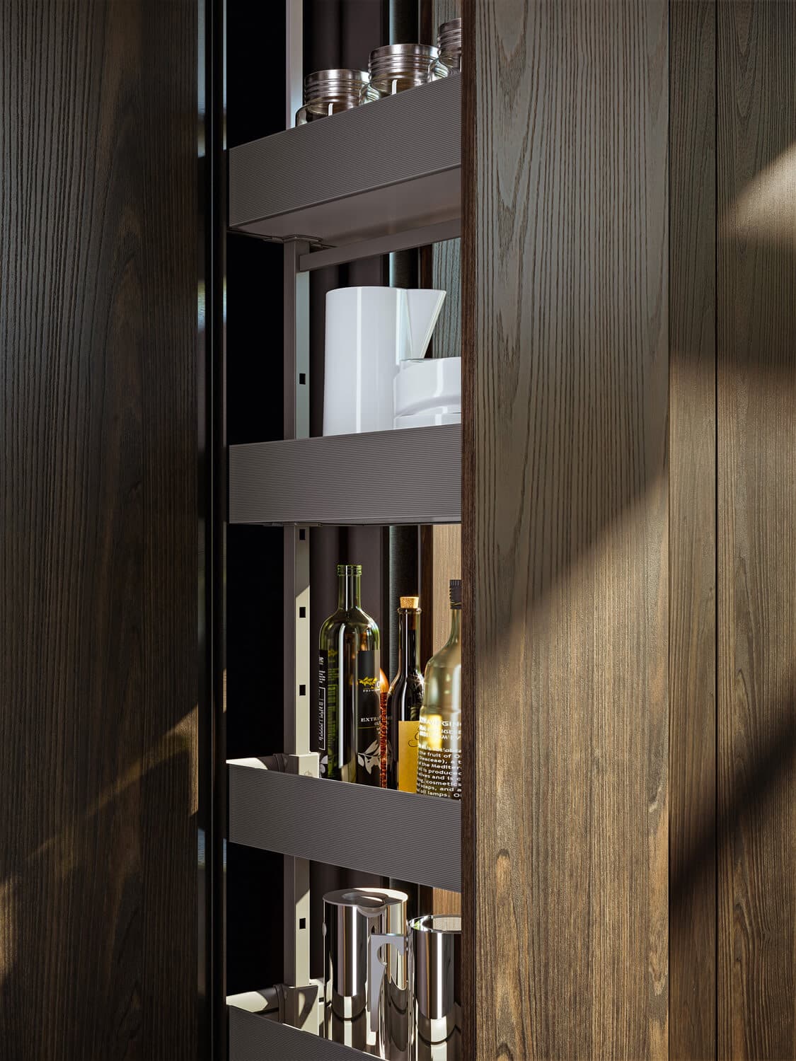 In the columns, the height of the shelves can be adjusted to fit different storage needs.
