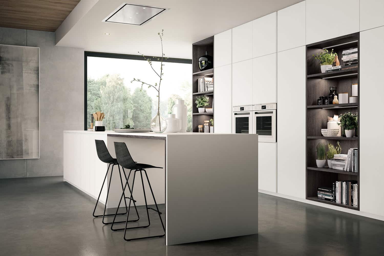 Side view of the white lacquer kitchen with the shelf niches in dark wood.