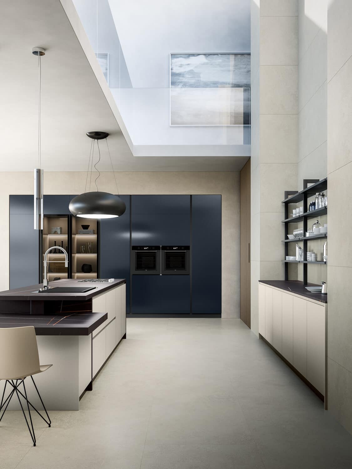 Pantry wall with tall cabinets in the smooth micalized Blue lacquer and framed glass cabinets.