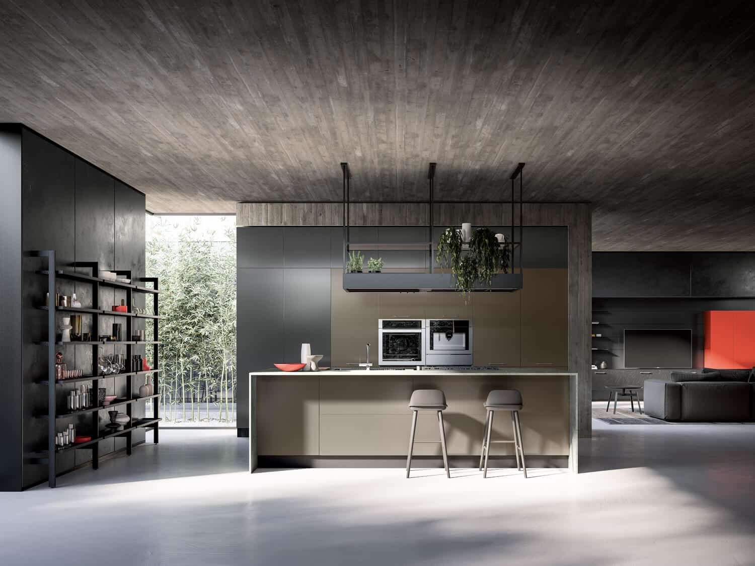 Yota kitchen in Peltro and Ardesia micalized lacquers. Palo open shelving wall system. Link handles.