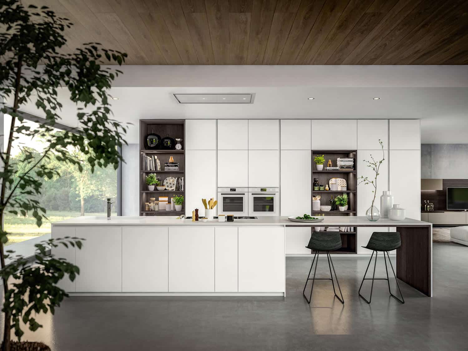 Luxury kitchen with cabinets in white matte lacquer mixed with open shelf niches in dark wood.