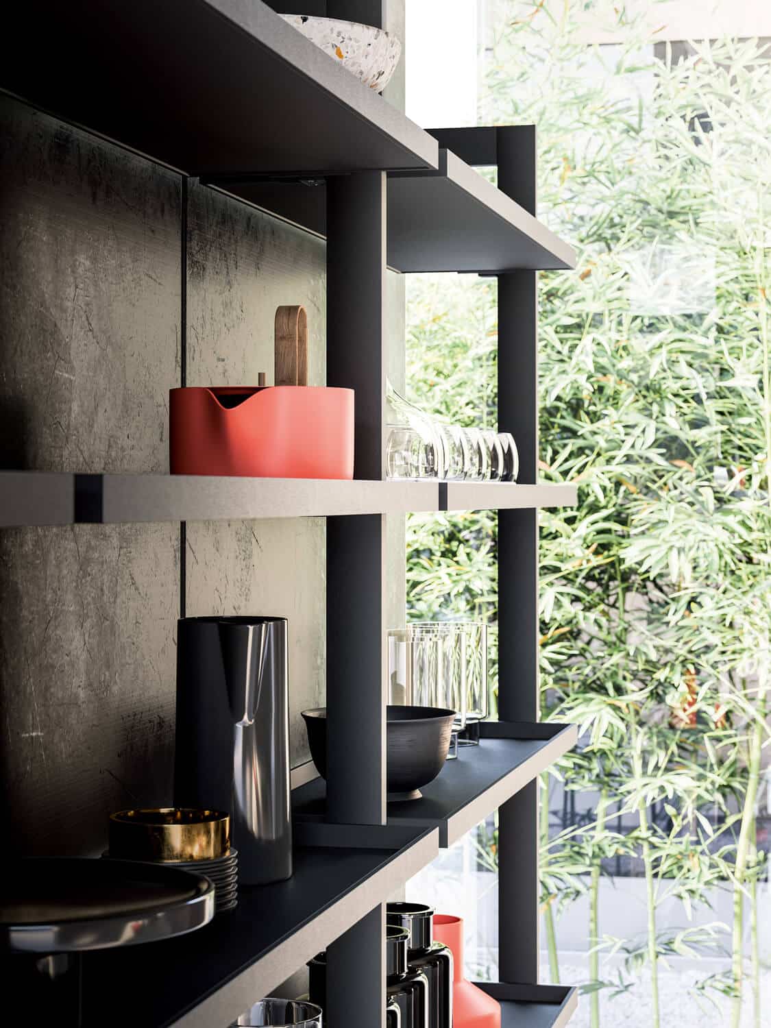 Detail of the Palo open shelving system in Black anodized aluminum. The system can be attached to the wall or built as a free-standing solution.
