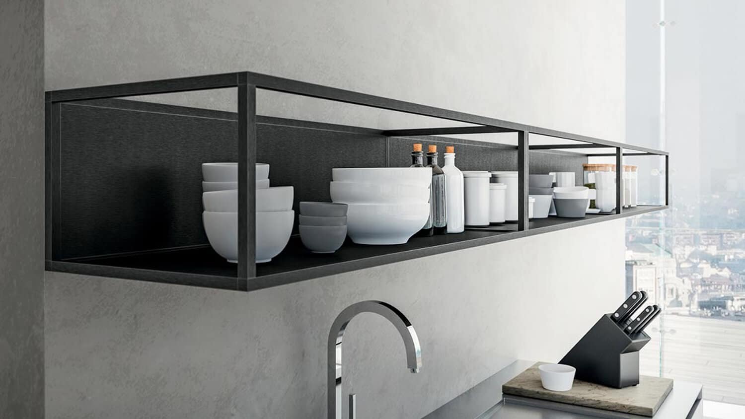 The Size open units in Graphite Black anodized aluminum consist of a base, a back panel and shelves. Combine individual units on the wall to create a unique composition.