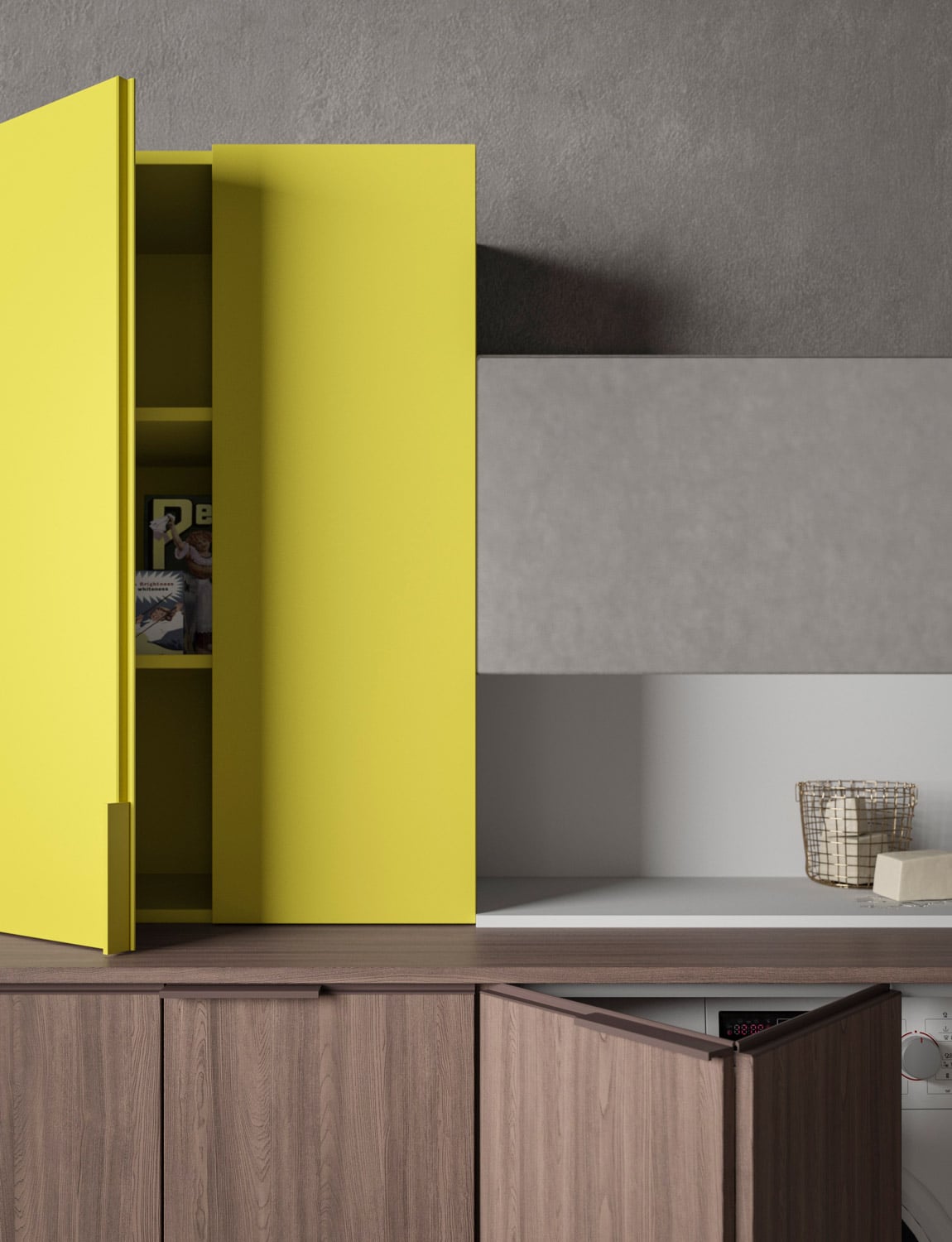 The handles in lacquered metal are made to match the cabinets, for a minimalist look.