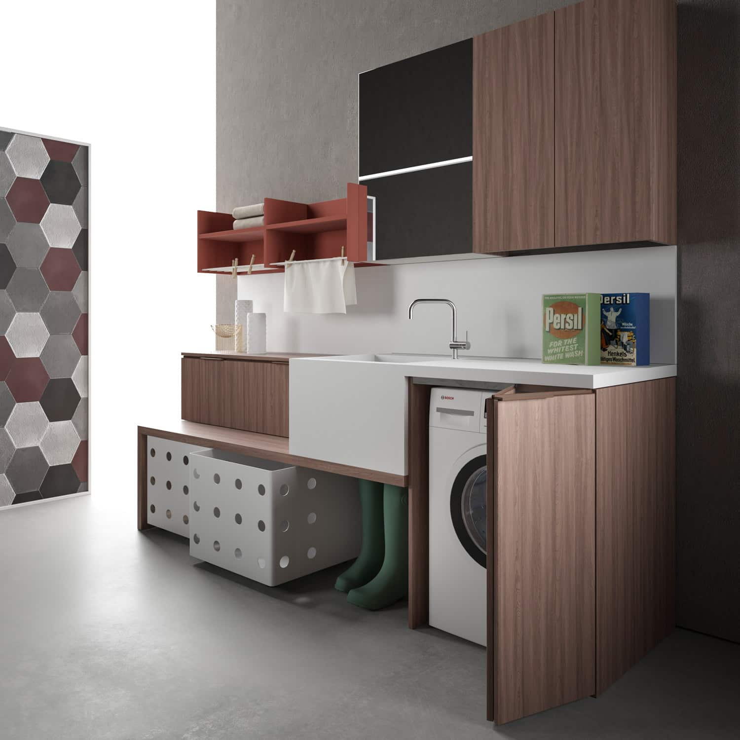 Playing with different depths, as well as open and closed elements, this Drop laundry room offers functional storage and surfaces. Base cabinets with bi-folding or hinged doors can conceal the washer and dryer.