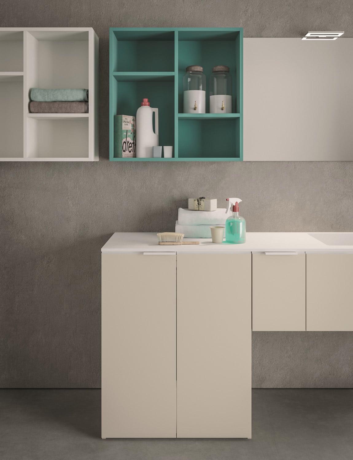 Base cabinet in Sabbia matte lacquer. Open shelving units in Verderame and White matte lacquer.