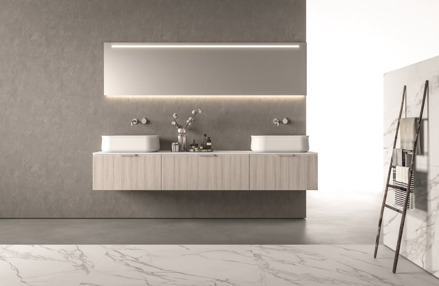 Modern bathroom solution with Drop floating vanities with full pull-out drawers. The over-the-counter Flute washbasins and a large mirror with frontal LED complete this graceful design. 