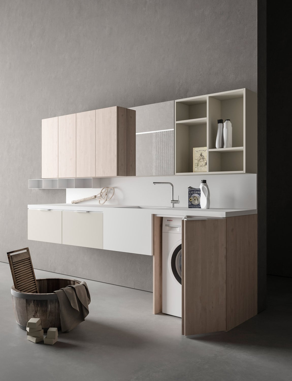Melamine and Sabbia matte lacquer cabinets with washbasin and top in White matte Teknorit.