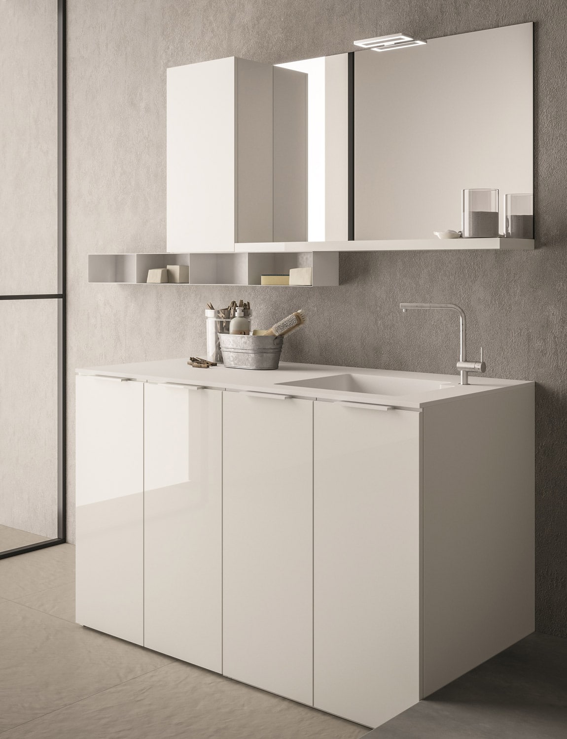 With Drop, you can match bathroom and laundry room through a unified aesthetic and flexible use of the space. 