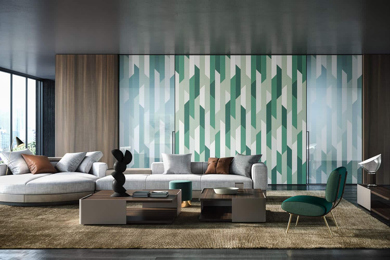 Non-transparent custom sliding glass doors with modern geometric pattern in green hues. Matching conjoining wall.