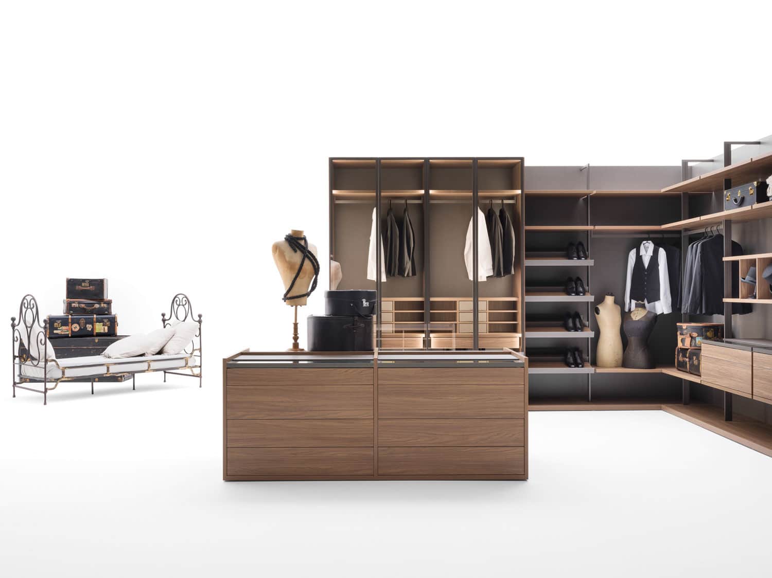 Luxury open walk-in closet in corner layout with double-sided central island. Wood finish.