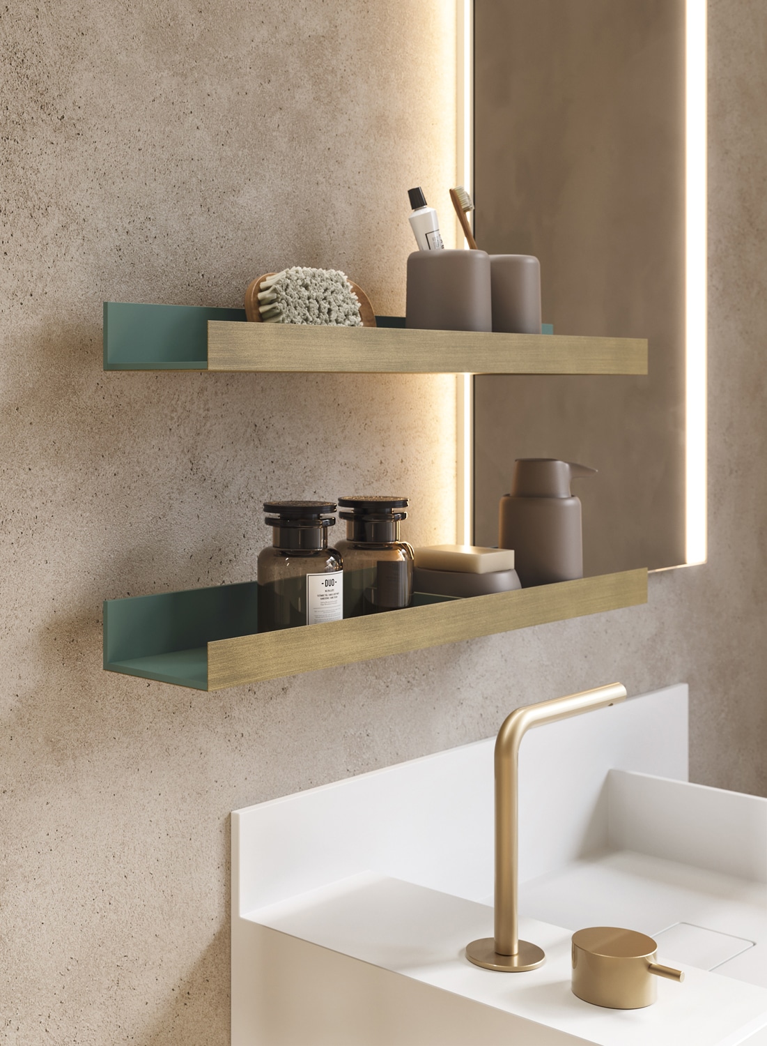Elegant open shelves with exterior in metal. The interior can be in matte lacquer or wood matching the rest of the bathroom cabinetry.