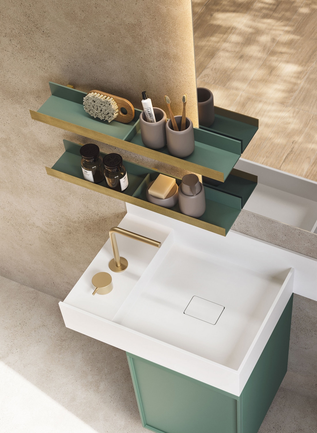Self-standing washbasin in matte white or colored Teknorit.