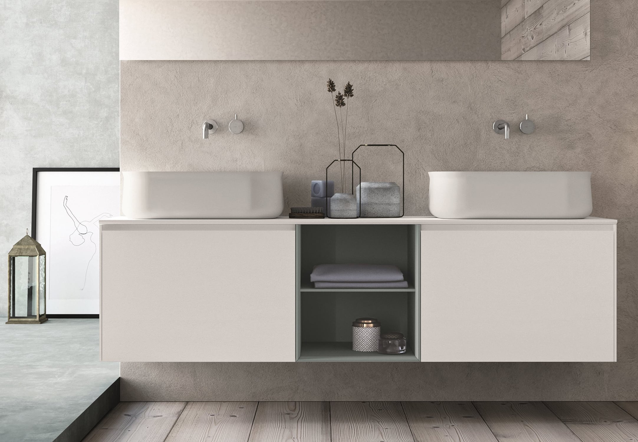 The unique Flûte washbasins, which evoke the shape of a blossoming tulip. Available in two heights in matte white or colored Teknorit.