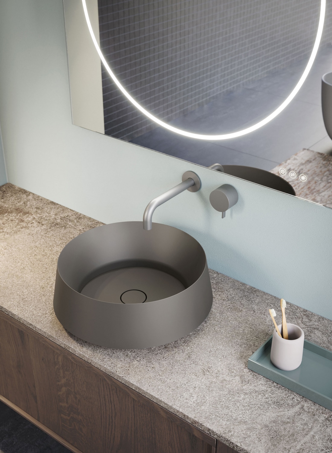 Vulcan washbasin available in matte white or colored Teknorit.