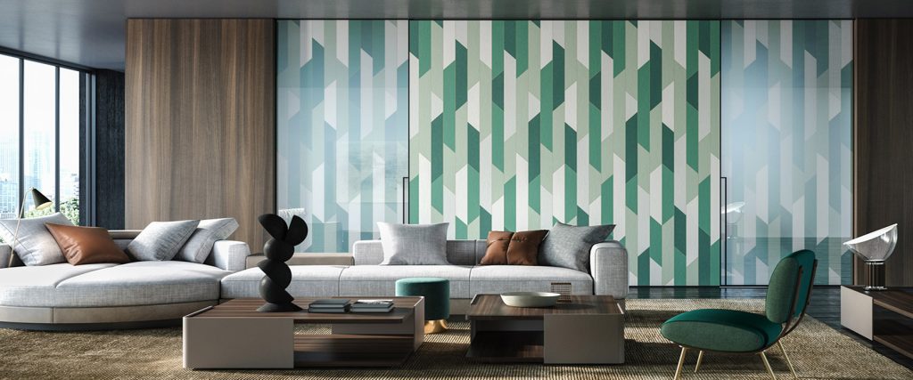Modern living room with a green patterned wall, a curved sofa, and a coffee table.