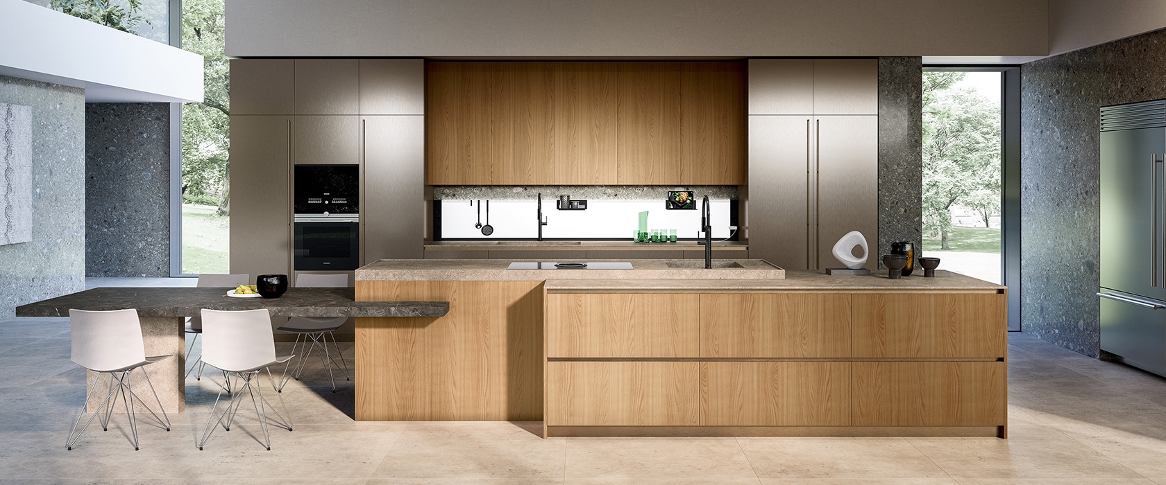 A modern kitchen with wooden cabinets, a large island, and a view of the outdoors.