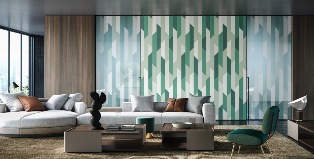 Glass doors in Heritage green geometric decor pattern with matching wallpaper introduced at Milan Furniture Fair 2022