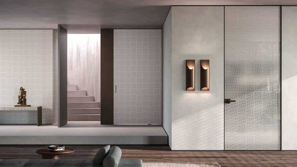 Glass doors in Open Up geometric decor pattern with matching wallpaper introduced at Milan Furniture Fair 2022