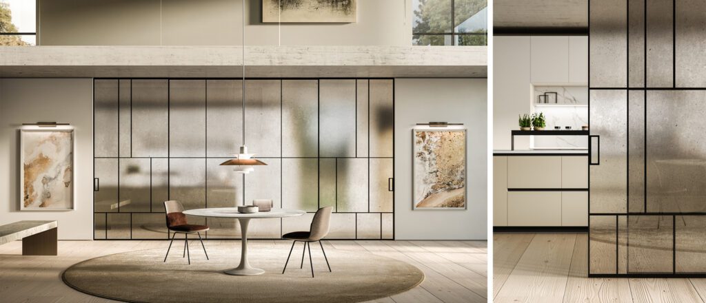 Luxury glass doors in the Gray Plaster finish presented at Milan Furniture Fair 2022