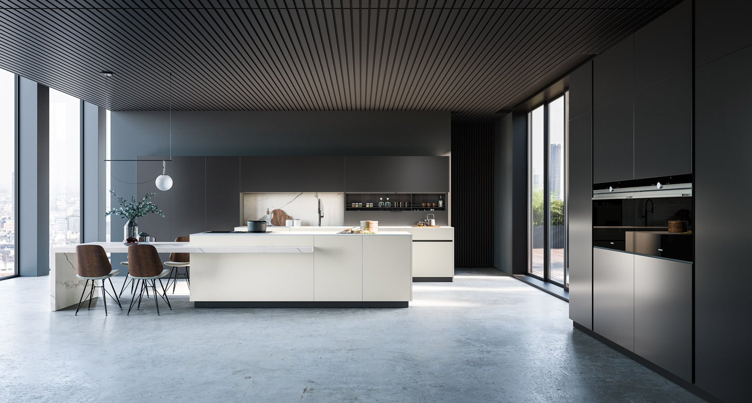 Los Angeles kitchen in black and white micalized lacquer with oversized island and end table.