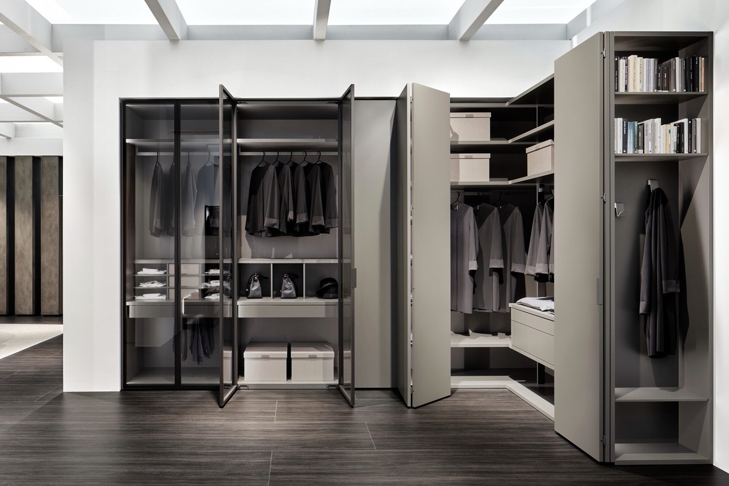 Corner closet in Ombra matte lacquer. Core model with bi-folding doors plus hinged doors in framed fume' glass. 