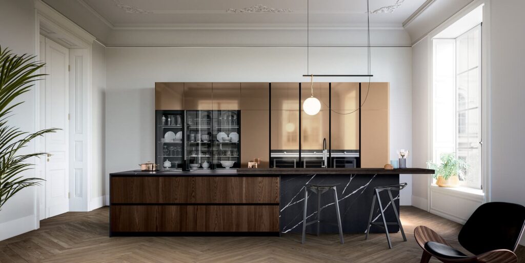 Color therapy: luxury kitchen in black and golden tones