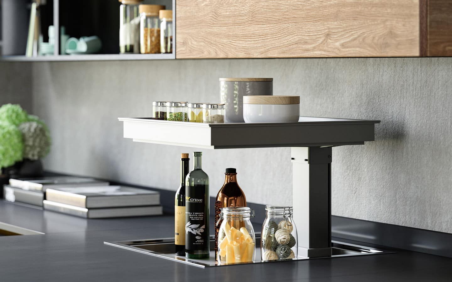 Ideal for corner base cabinets, Qanto consists of two space-saving electrically liftable shelves. The system blocks the mechanism when it detects the presence of a hand, ensuring safety of use.