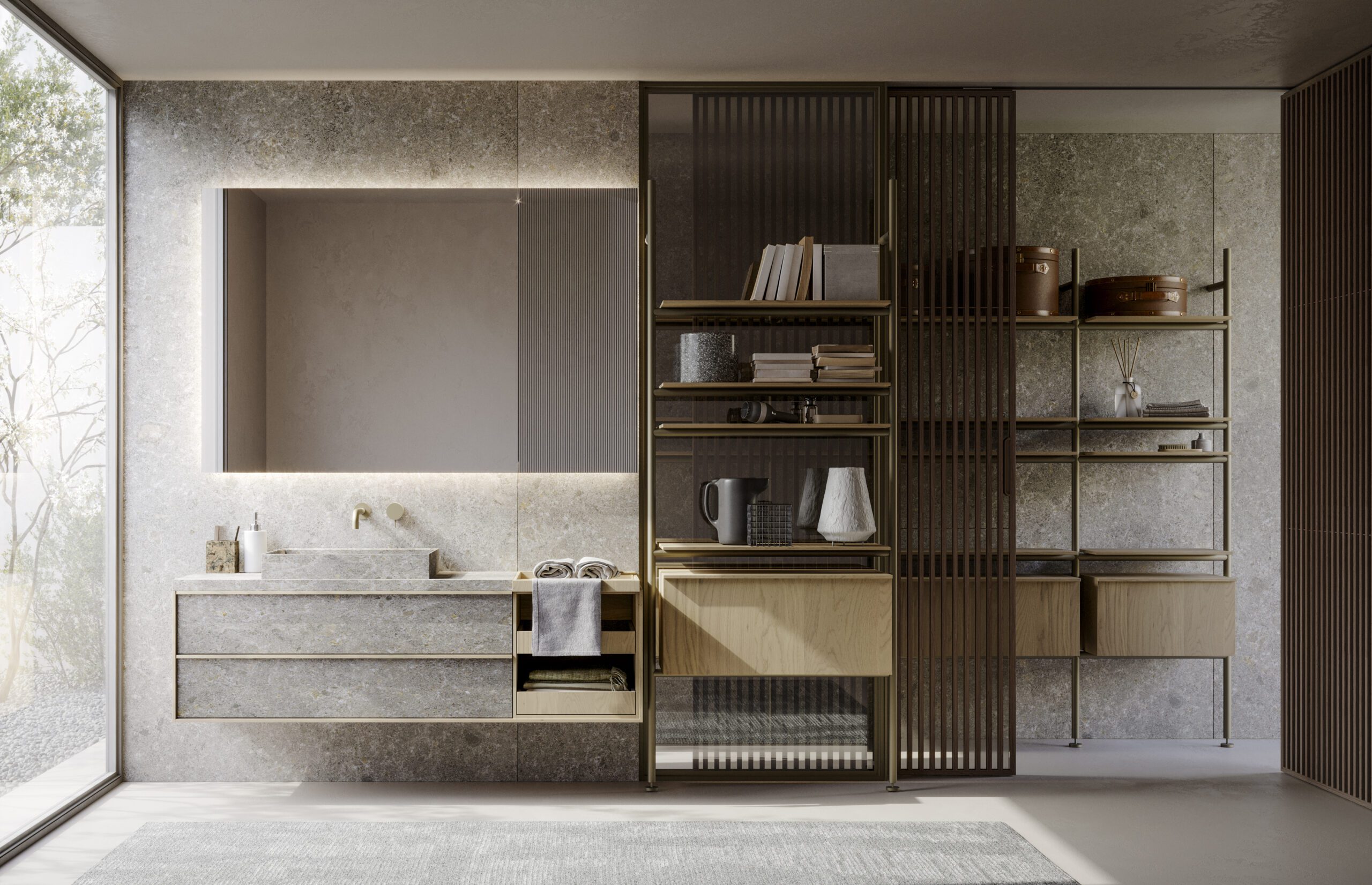 Luxury bath with Sartus cabinet in Grès Meteora Gris bocciardato. Drappers bookcase and storage system in Rovere Avena wood, also used for the cabinet frame. 