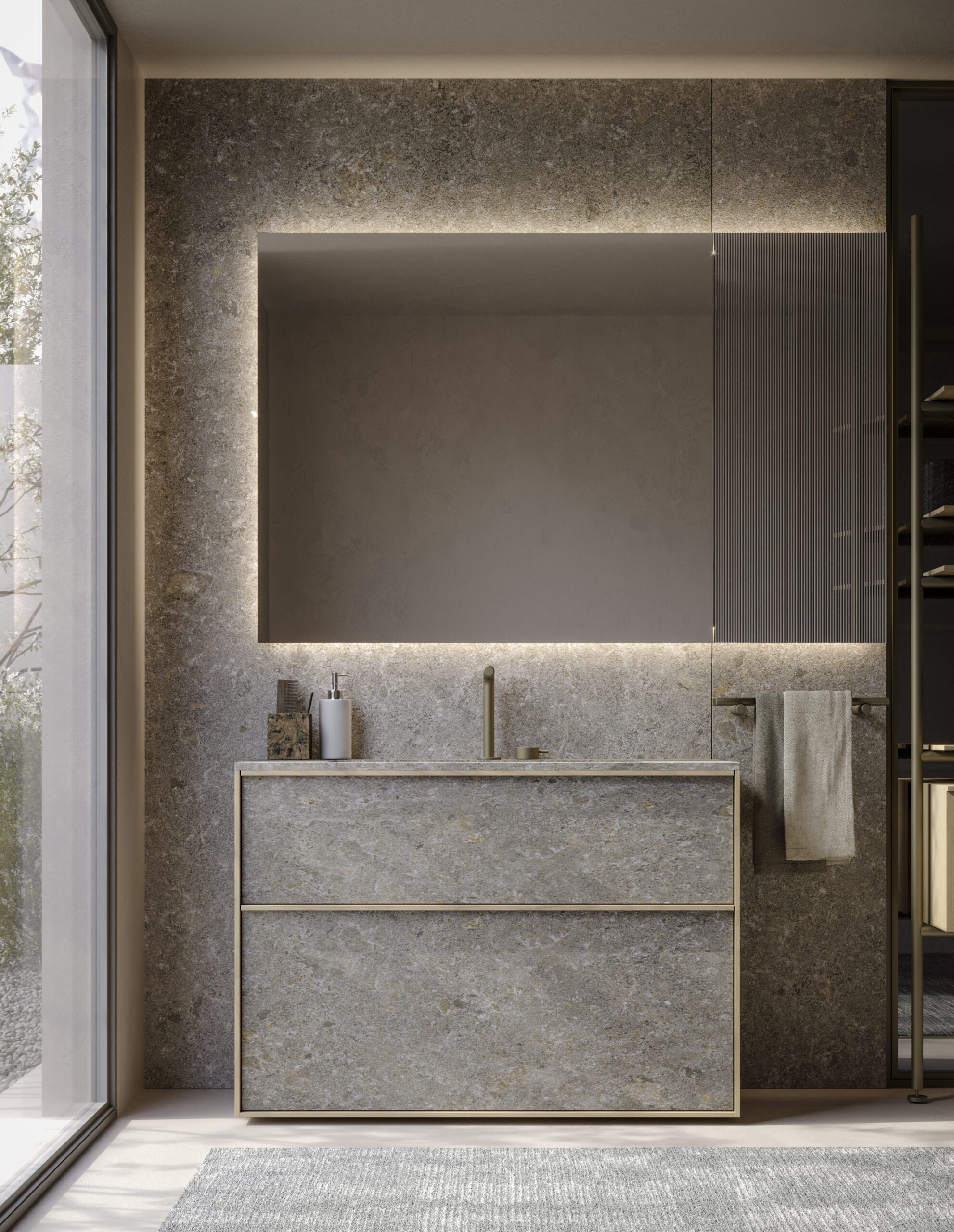 The Sartus bathroom cabinetry line includes floating vanities, floor-standing cabinets, cabinets with legs, wall and freestanding storage systems.