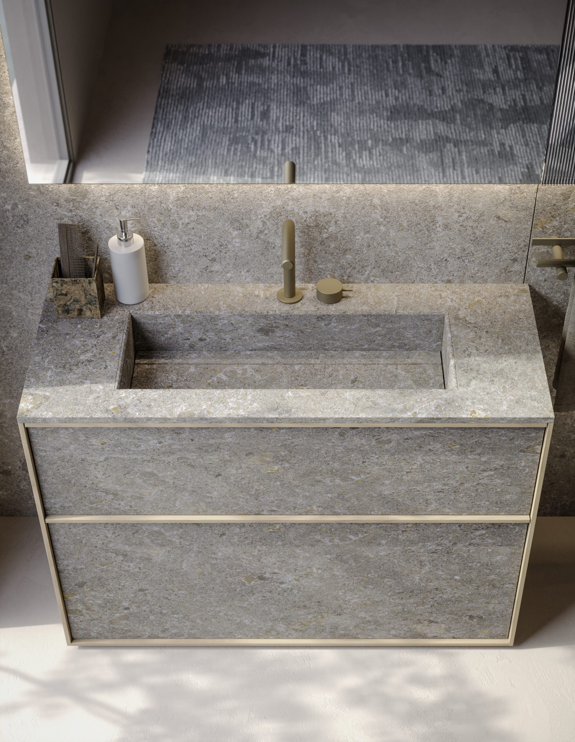 Detail of the top in Grès Meteora Gris bocciardato with integrated washbasin.