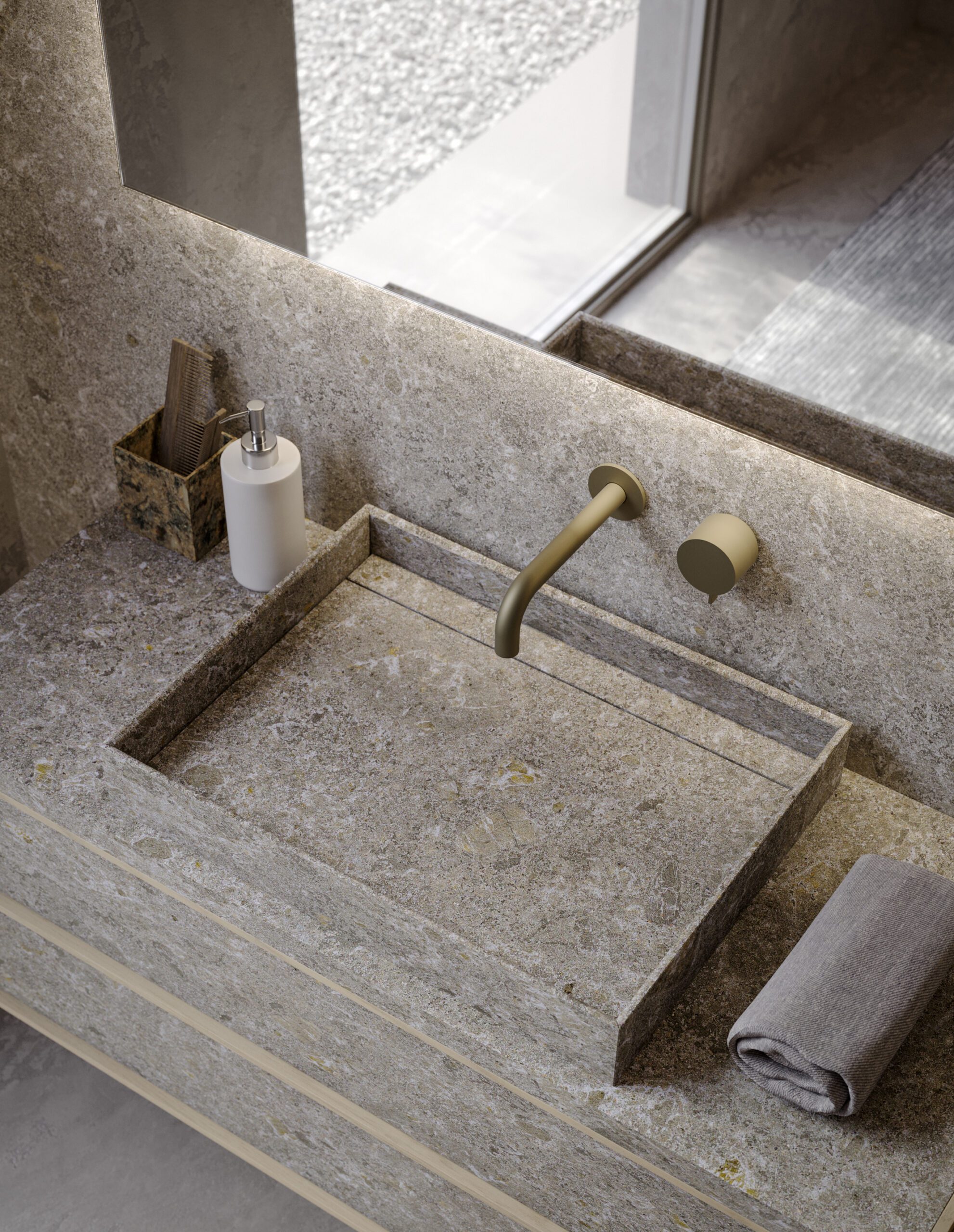 Detail of the washbasin and matching top in Grès Meteora Gris bocciardato.
