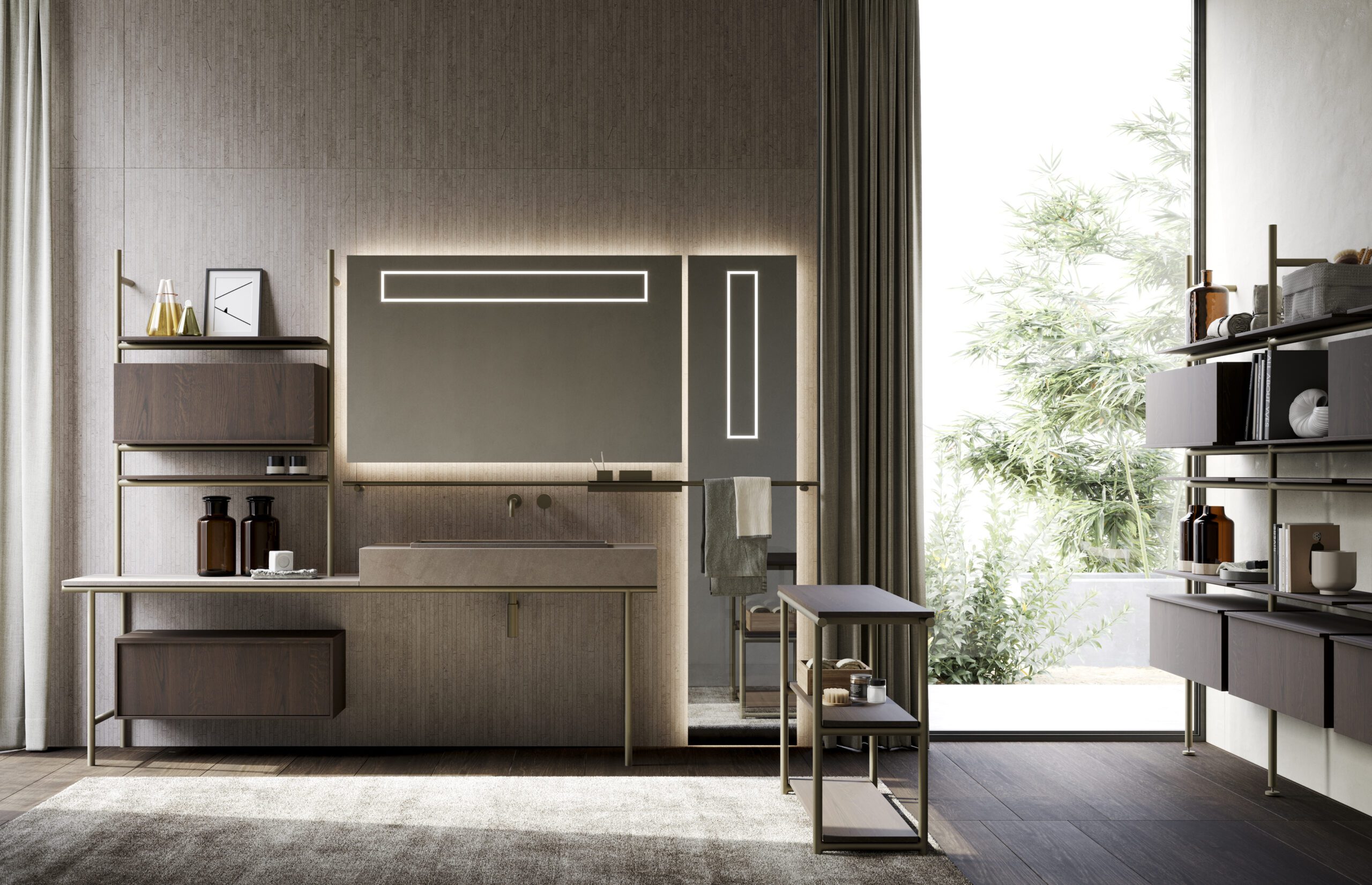 Luxury bathroom showing the versatility of the Sartus design elements, including the metal bar, which can be used as a base to create different functional pieces – from wall storage to freestanding units and accessorized bars.
