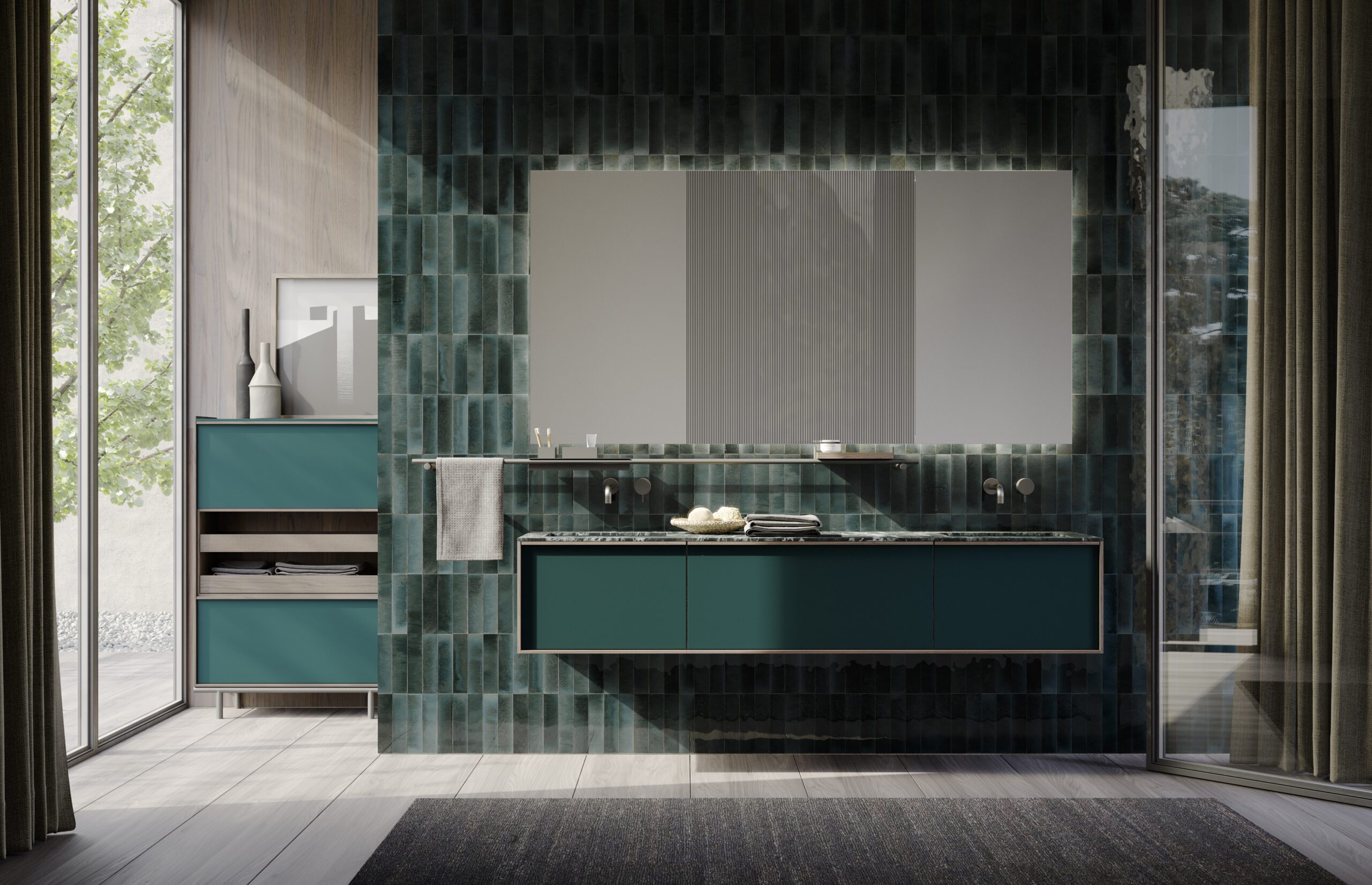 Luxury bathroom using Sartus cabinets in Verde Petrolio matte lacquer with drawers and frame in Rovere Creta wood. The metal bar that forms the base of the storage units (left) reappears as an accessorized bar underneath the mirror.