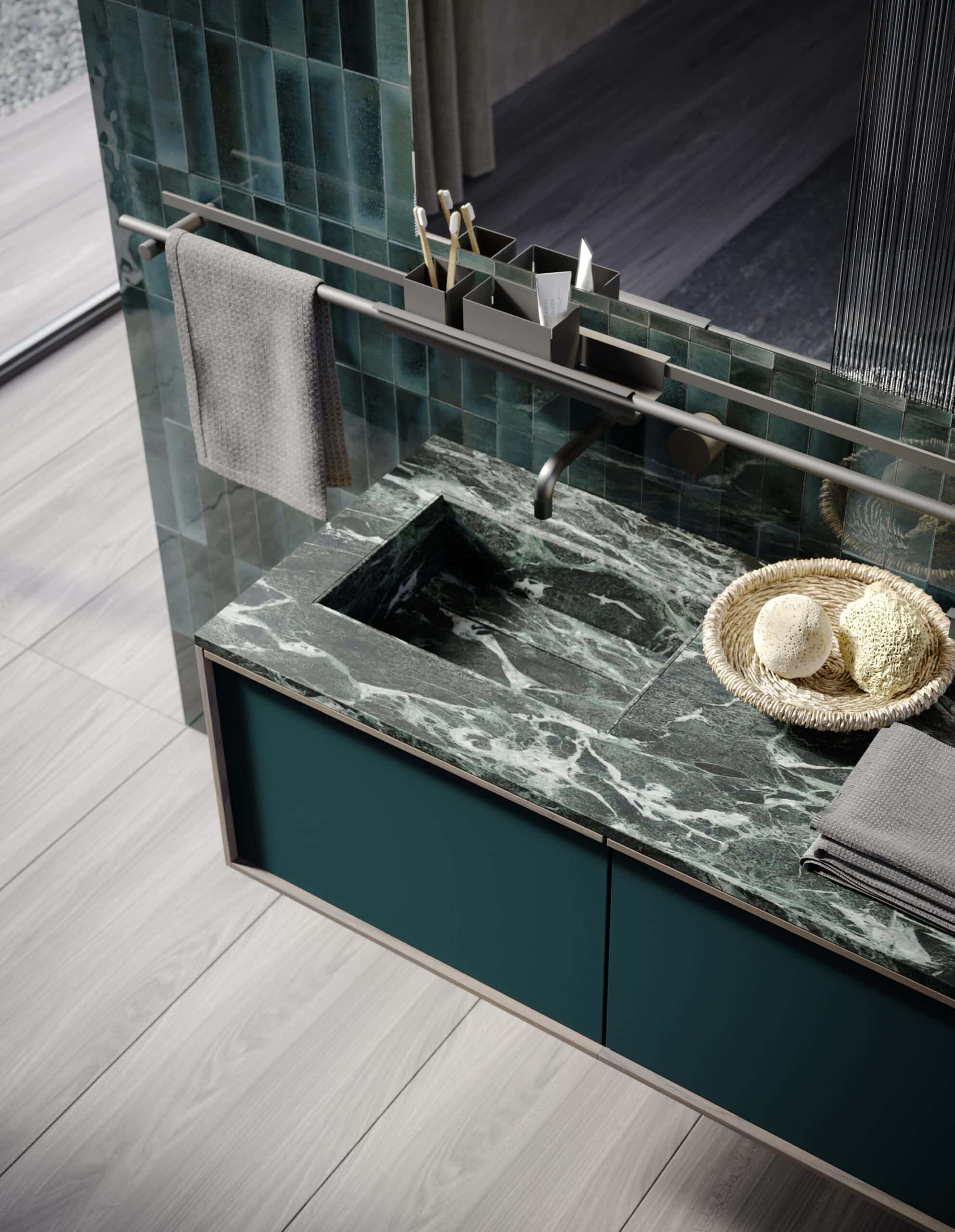 Luxury bathroom in a deep green palette in lacquer and ceramic finishes.