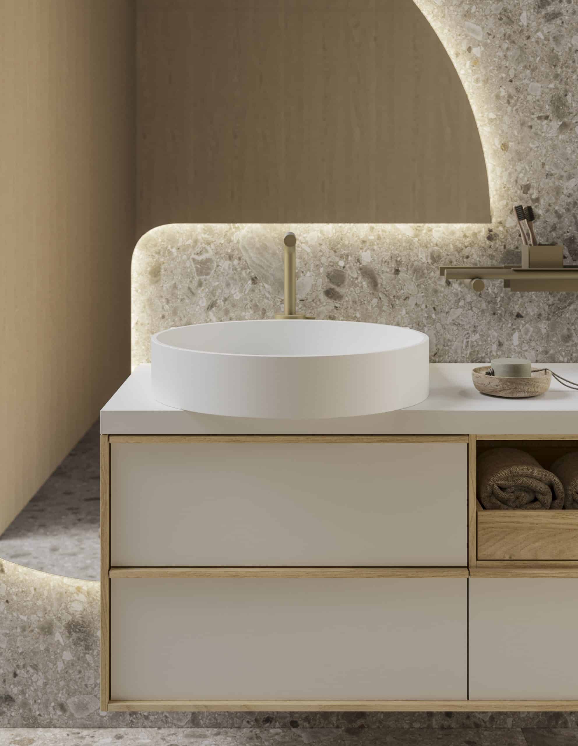 As one of Sartus’ bathroom design elements, the wooden frame (shown here in Rovere Naturale) defines the contours of the cabinets while functioning as a minimalist handle.