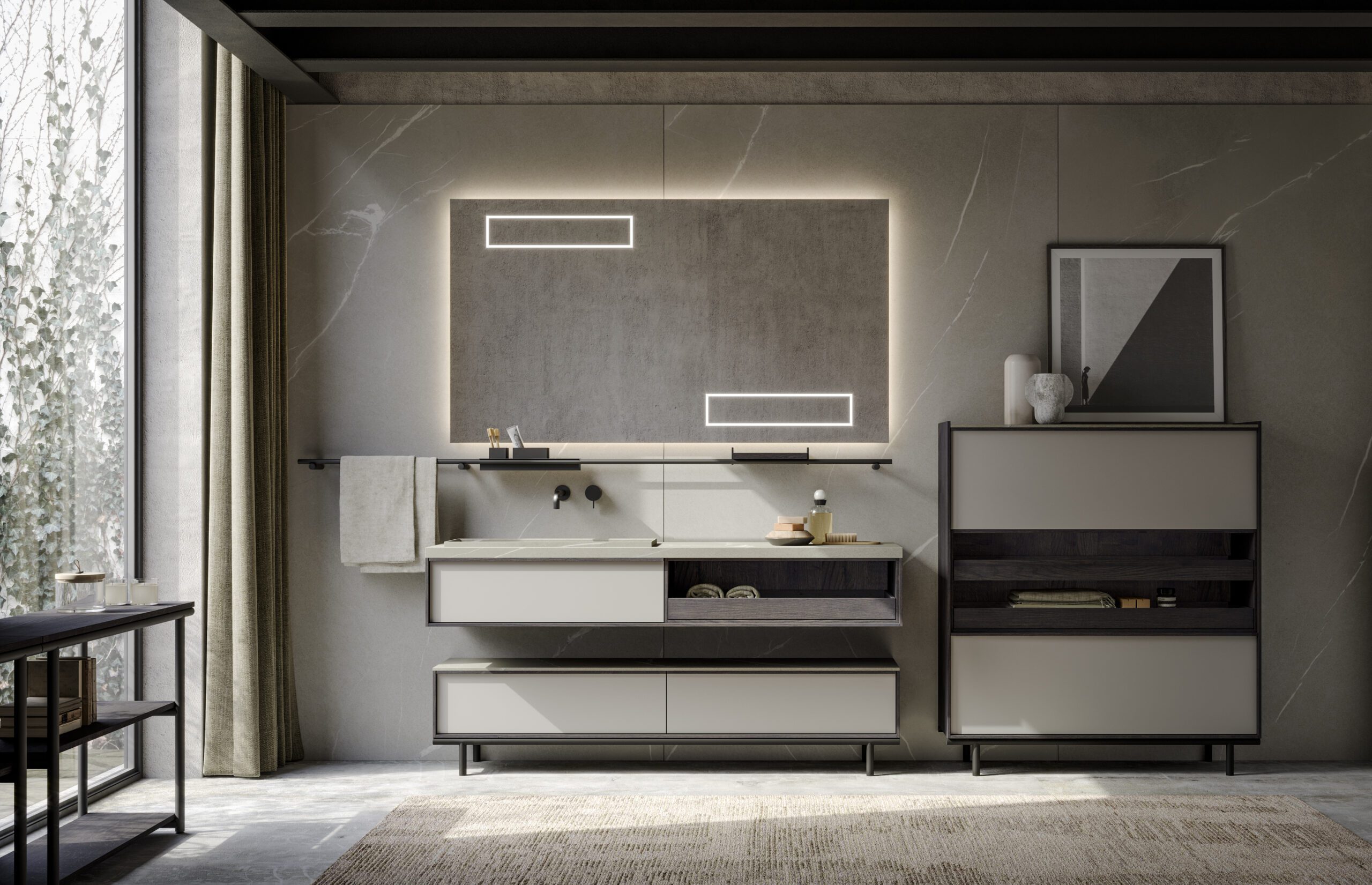 Sartus luxury bathroom design with modular cabinets in Grigio Seta matte lacquer with frames, drawers, and shelves in Rovere Fumo wood. Accessorized metal bar for the wall.