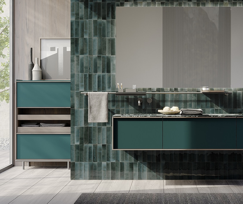 Sartus luxury bath cabinets in deep green matte lacquer with light wood frame.