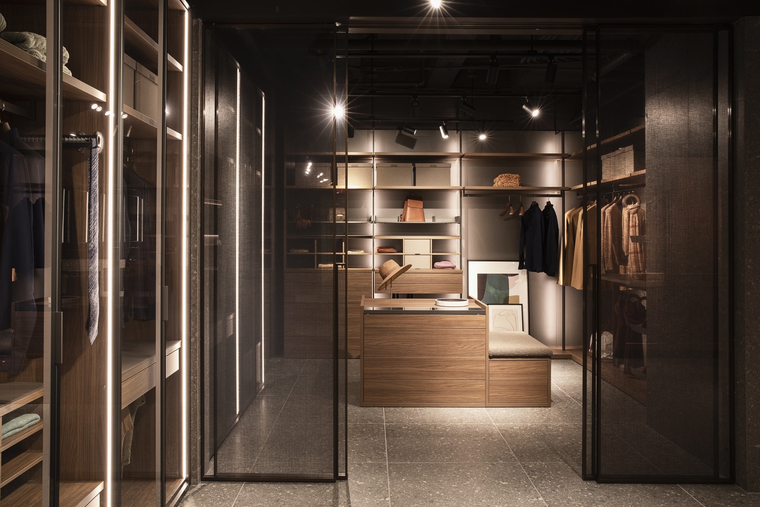 Luxury walk-in closet system at the MandiCasa New York showroom