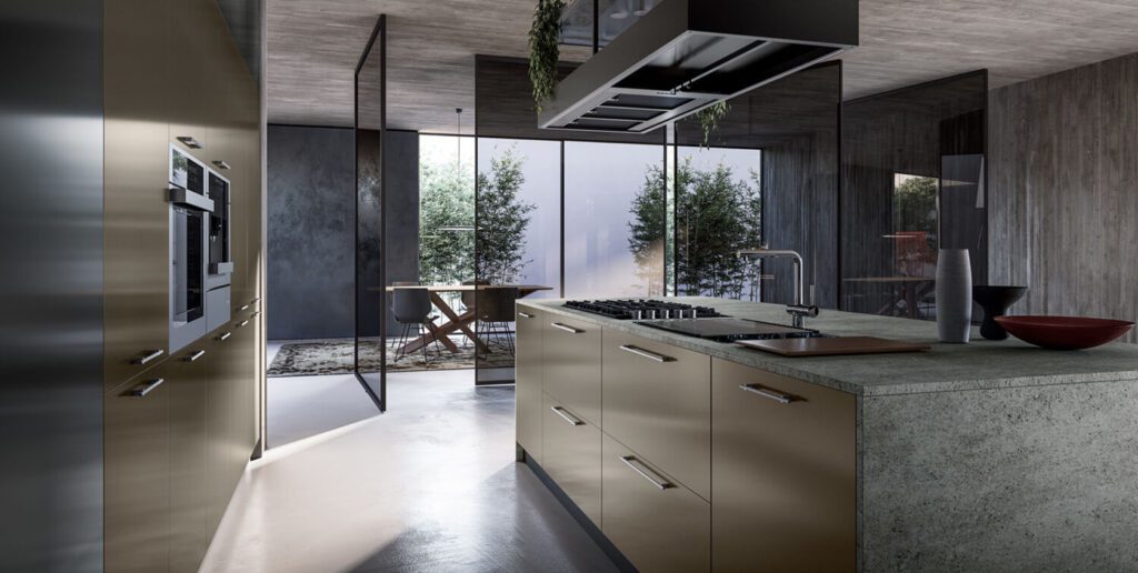 Modern kitchen with a large island, metal cabinets, and a view of the outdoors.