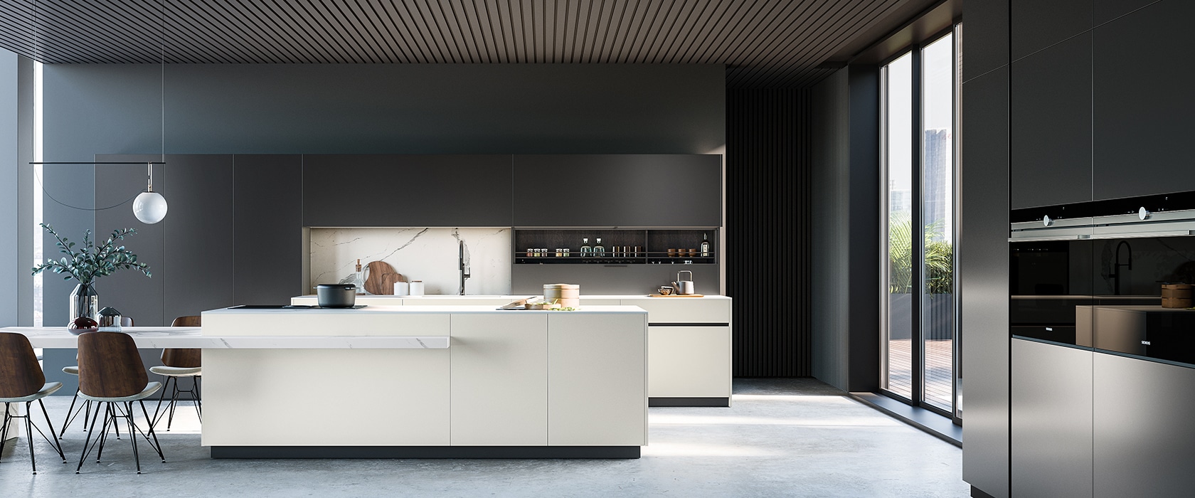 Burnt Wood and Industrial Black Metal Over Cabinet Door Kitchen