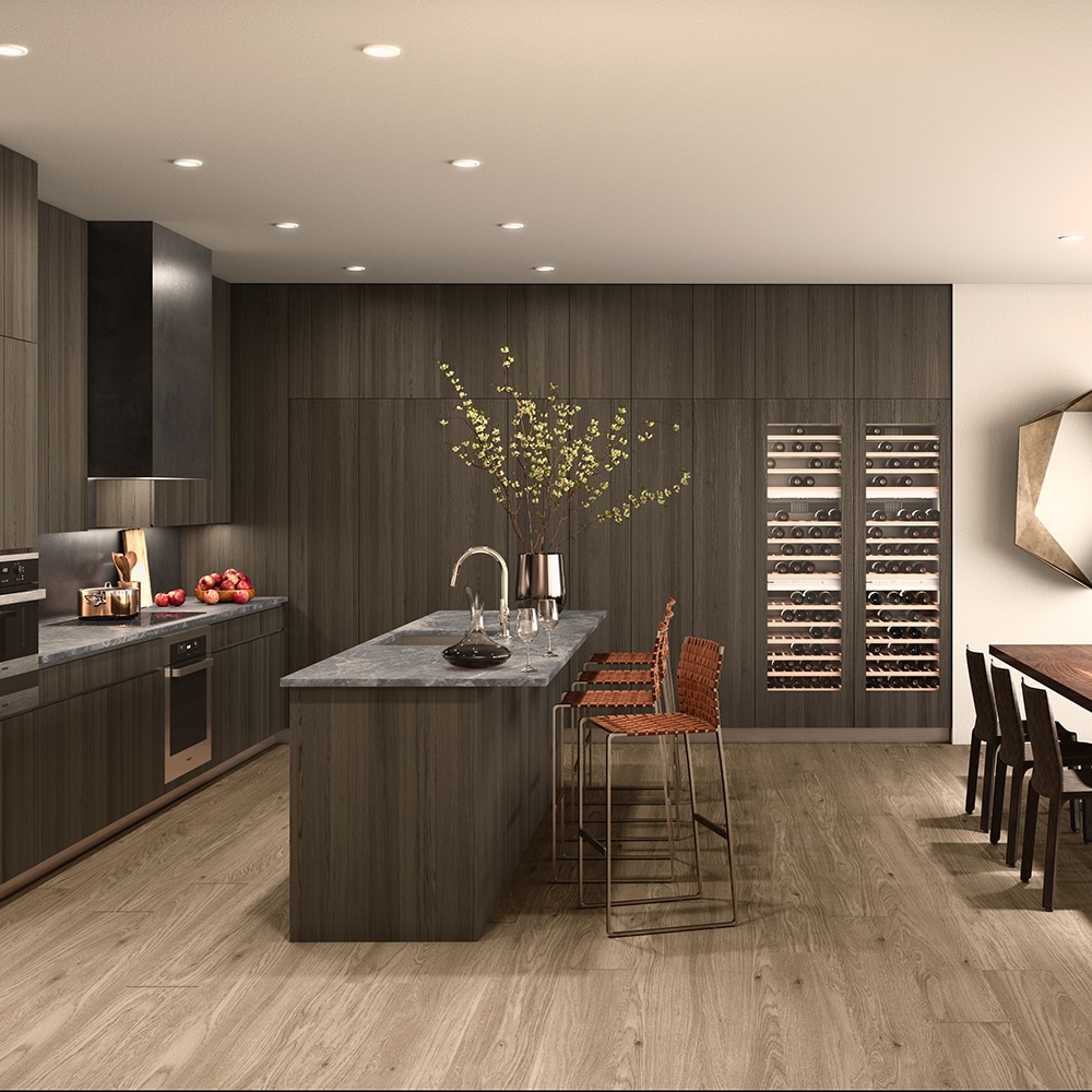 Modern kitchen with dark wood cabinets, a large island, and a wine fridge.