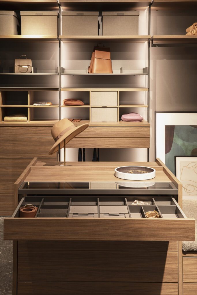 Luxury closet island with drawers for jewelry, belts, scarves and other fashion accessories