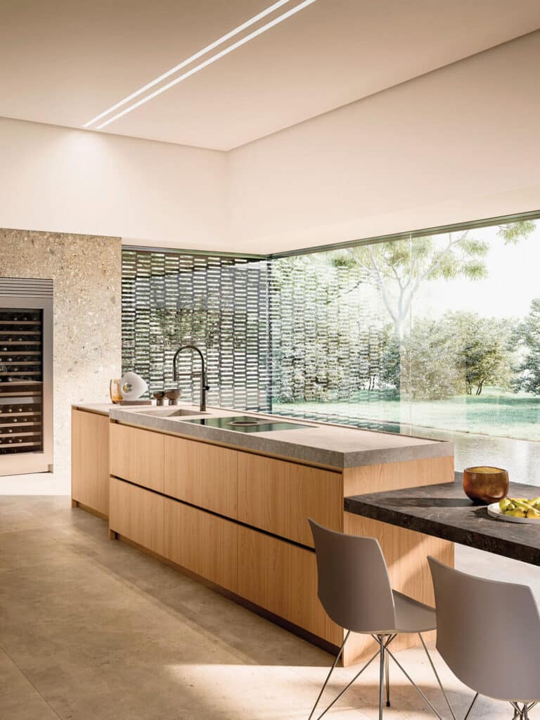 Modern kitchen with wooden cabinets, a large island, and a view of the outdoors.