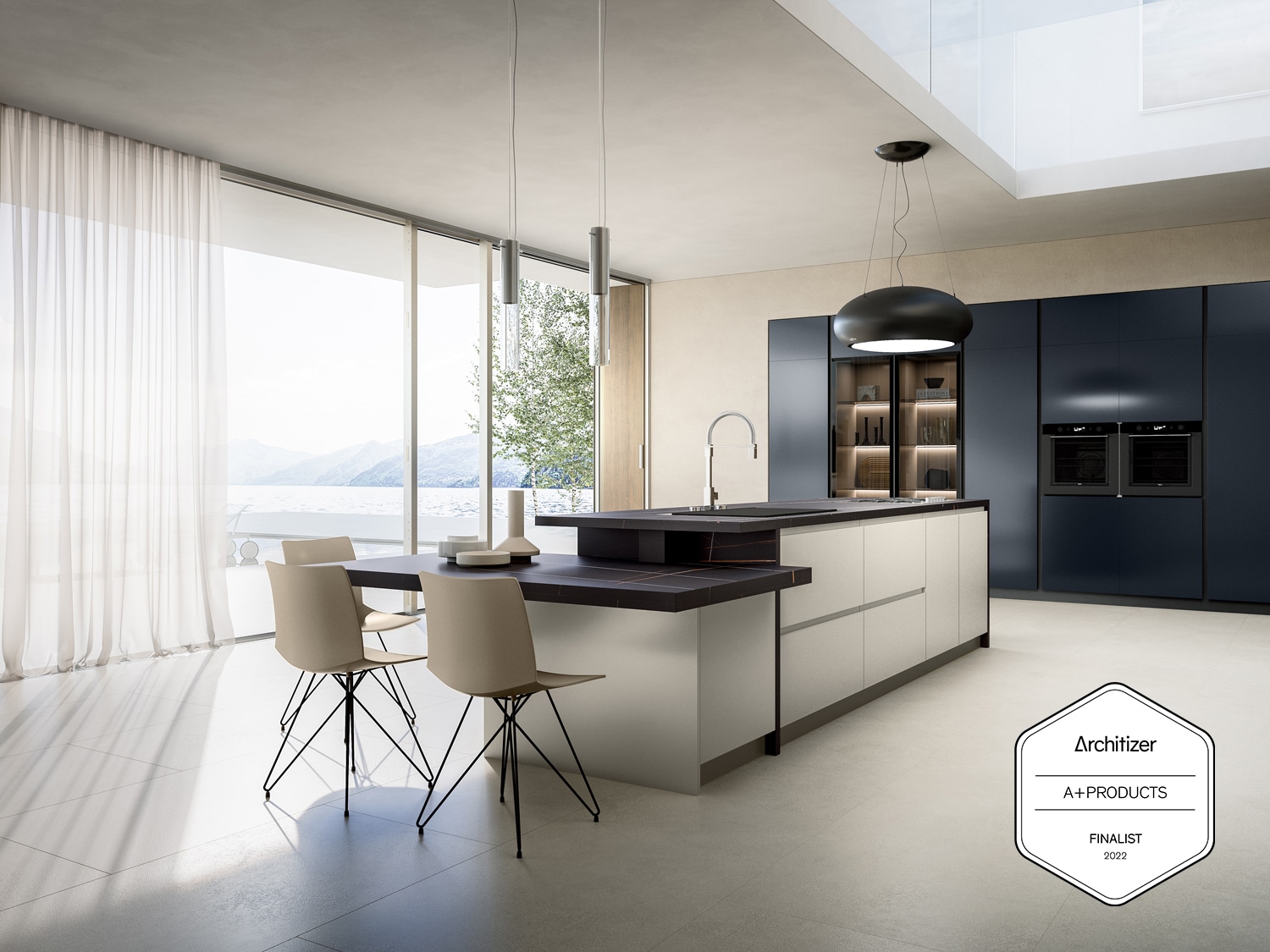 White and dark blue kitchen in the silky smooth micalized finish. In luxury home overlooking a lake.